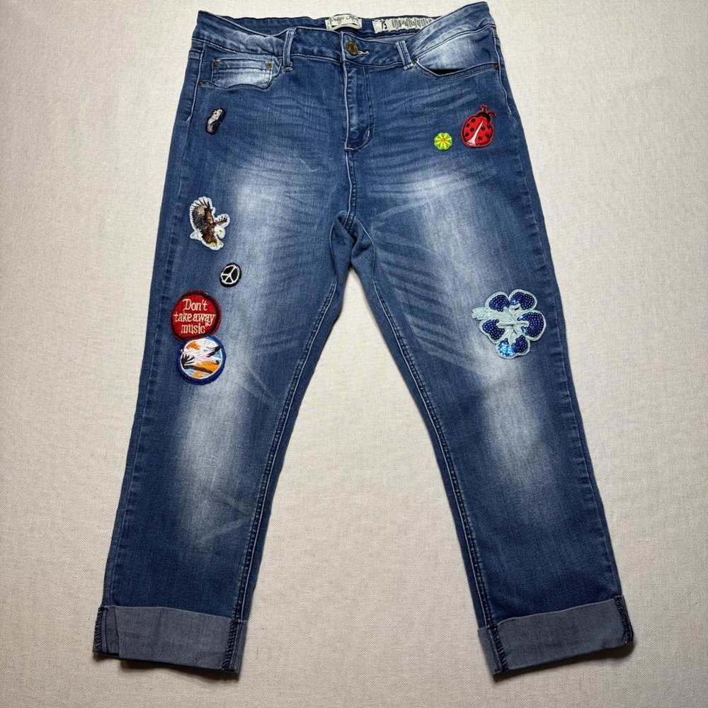 Indigo Rein Crop Denim Jeans‎ Patches Eagle Ladybug Flower Size 15